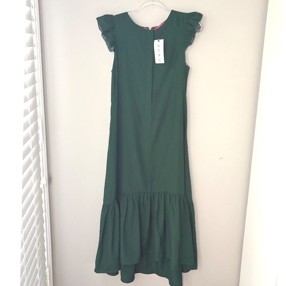 NWT BURU Emerald Green Ruffle Maxi Dress Mixed Print Plaid Paisley